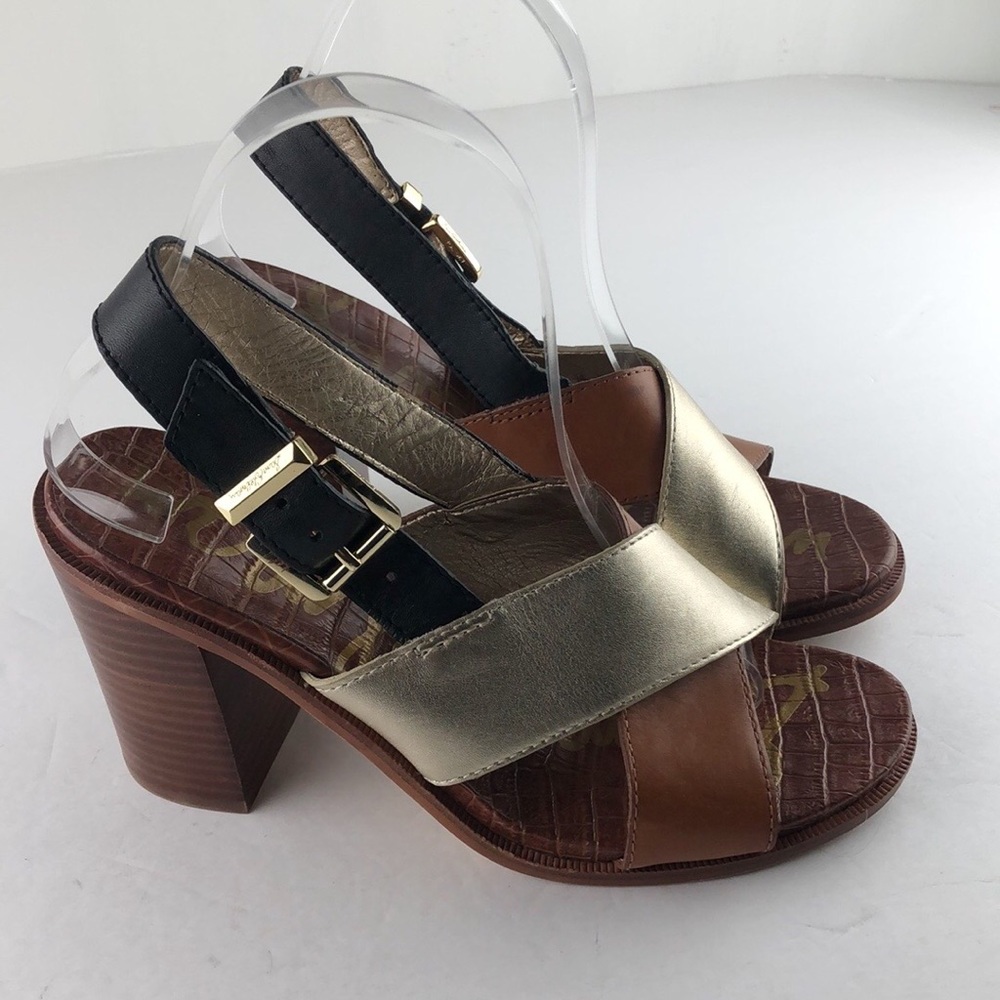 Sam Edelman Ivy Leather Block Heel Sandals Black & Metallic Sz 8M